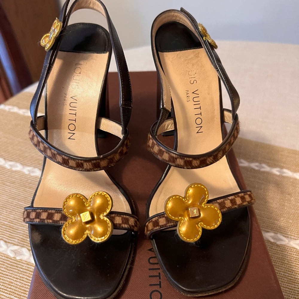 Louis Vuitton Floral Damier Ebene Calf Hair & Leather Heels - Picture 6 of 17